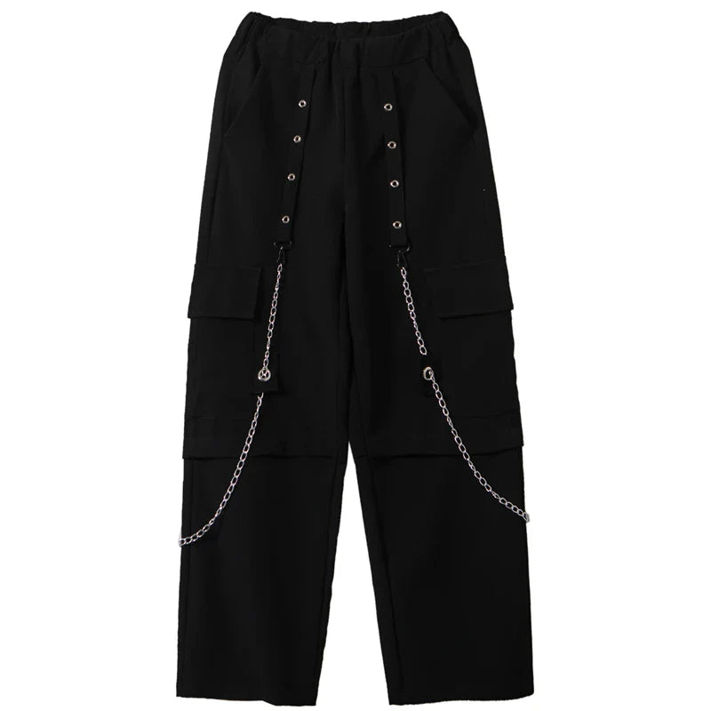 sanyamk - Men Autumn New Fashion Wide Leg Pants Both Metal Chain Decor Big Pockets Elastic Overalls Mens Loose Casual Streetwear Trousers