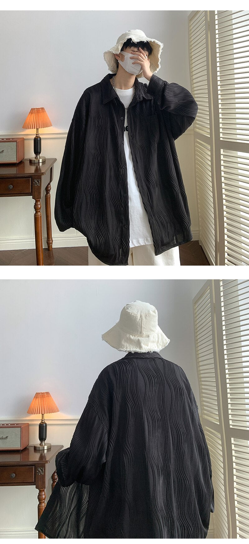 Bonsir Autumn Pleated Shirt Men Fashion 4-color Casual Ice Silk Shirt Mens Japanese Loose Long-sleeved Shirt Mens Large Size M-5XL