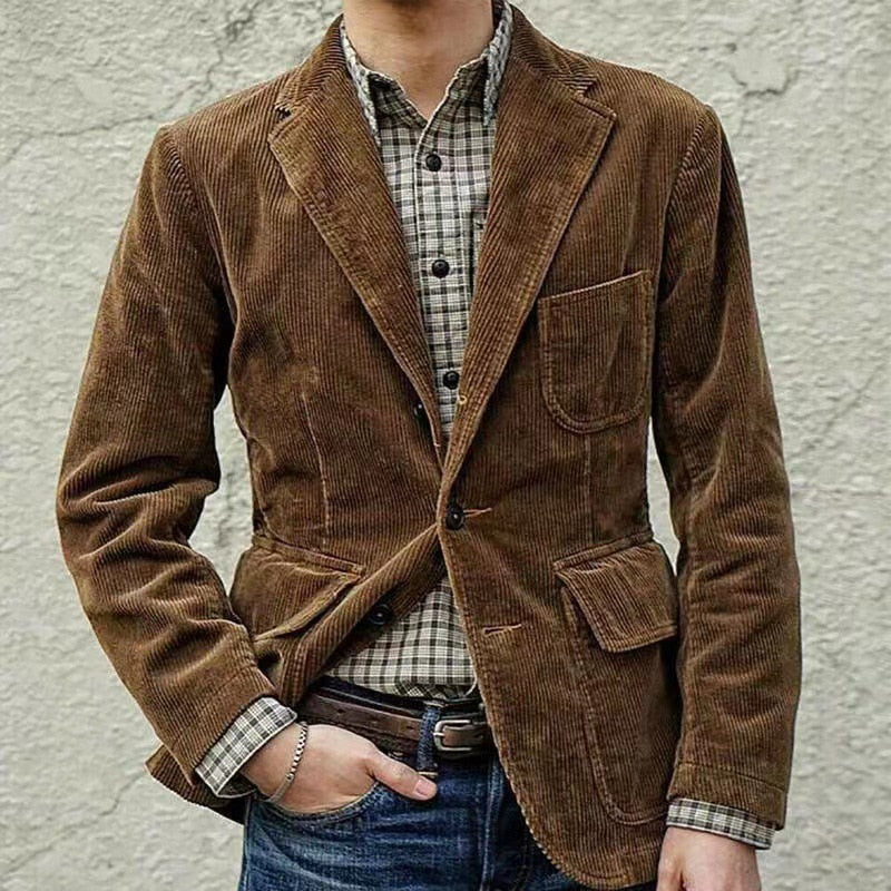 Bonsir Vintage Corduroy Jackets Men Autumn Winter Fashion Button-up Lapel Solid Blazer Coat Mens Casual Long Sleeve Slim Suit Outerwear