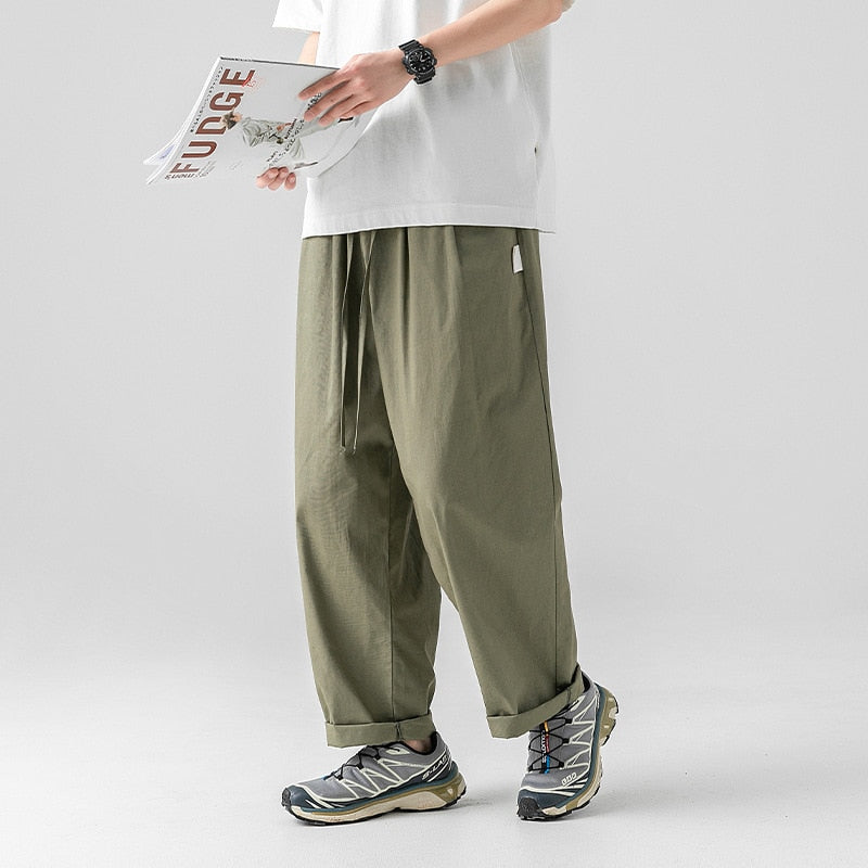 Bonsir Men's Casual Wied Leg Pants Oversize Cotton Trousers Solid Color Vintage Fashion Men Jogging Loose Pants Korean Streetwear