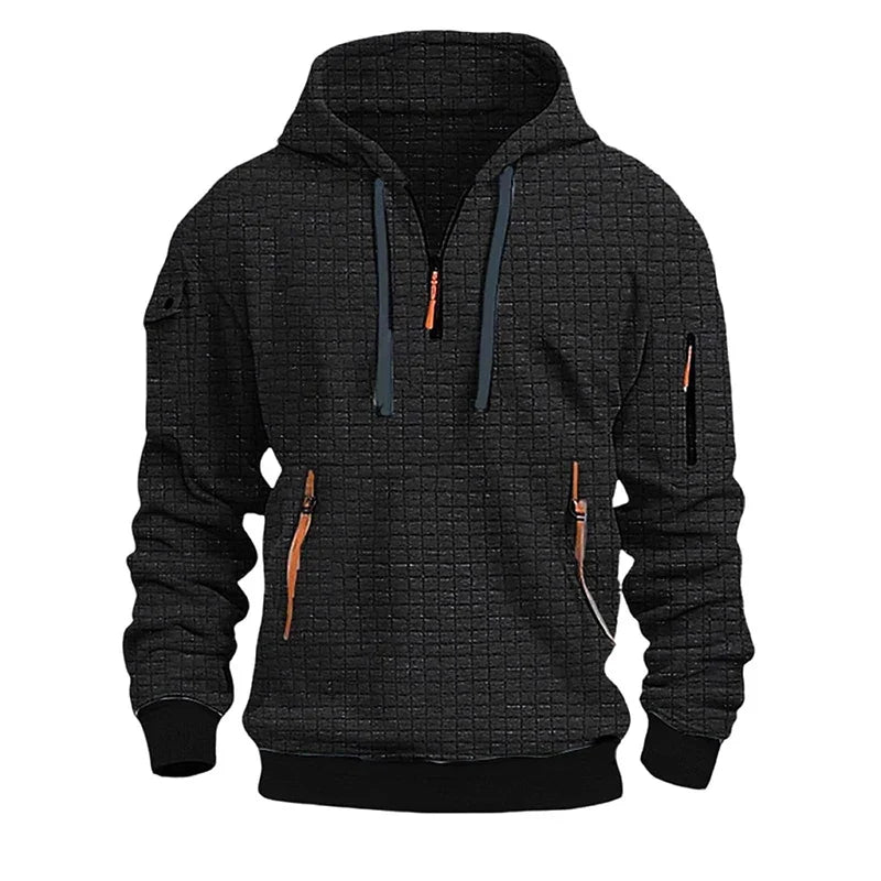 sanyamk - New Casual Mens Waffle Plaid Hoodies Spring Fall Fashion Patchwork Pockets Zipper Hooded Sweatshirts For Men Sports Hoodie Tops