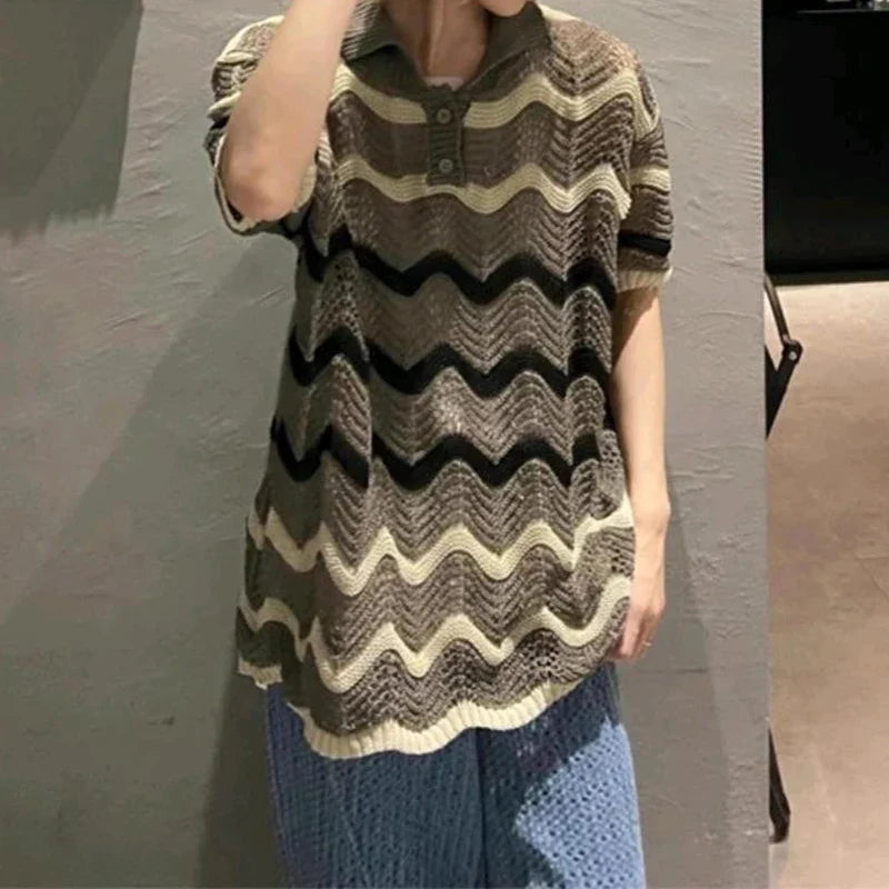 sanyamk - Leisure Hollow Out Knitted T Shirt Men Casual Lapel Button Short Sleeve Knit Tops Mens Summer Fashion Striped Knitting T-shirts