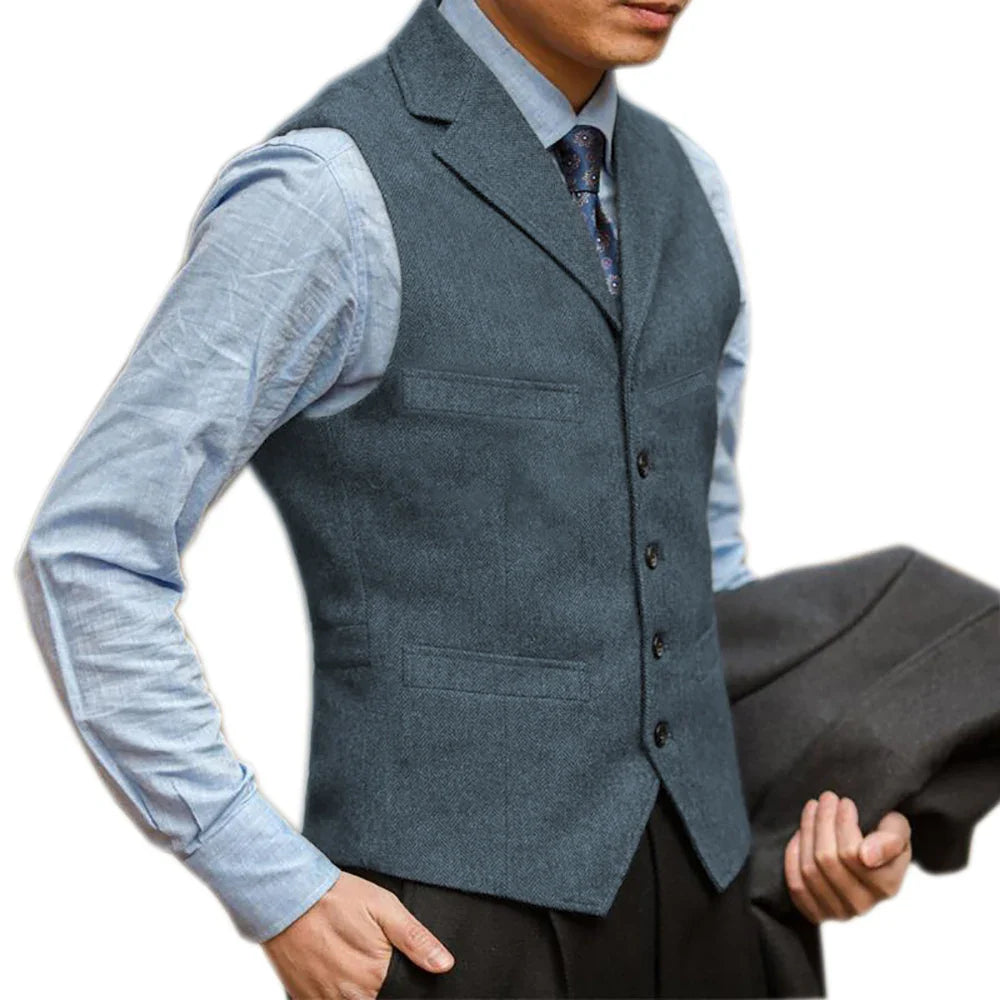 sanyamk Men Vest British Herringbone Tweed Suit Vest Business Formal Dress Waistcoat Notch Lapel Sleeveless Casual Suit Vests