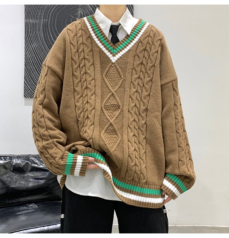 Bonsir Winter V-neck Sweater Men New Patchwork Color Knitted Sweater Pullover Harajuku Couple Streetwear Loose Knitwear Oversized 2XL