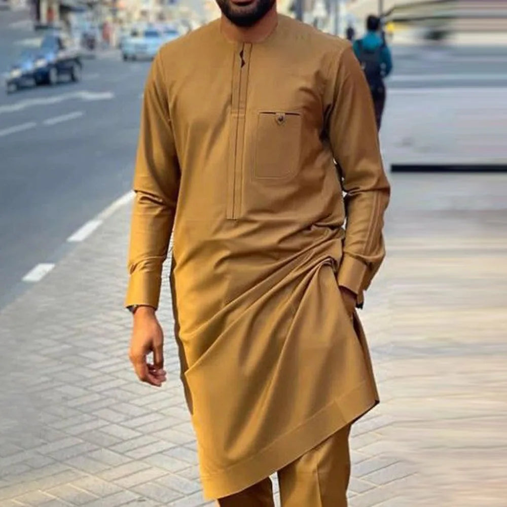 sanyamk - Kaftan Summer Men's Suits Short Sleeve Solid Top Pants Wedding African Ethnic Casual Wear Dashiki 2PCS Suit Fashion Men's Sets