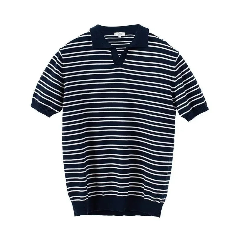sanyamk - Mature Men Clothing Summer New V-neck Striped Knitted T-shirts for Men Short Sleeve Trend Simple Fashion Lapel Polo Shirts