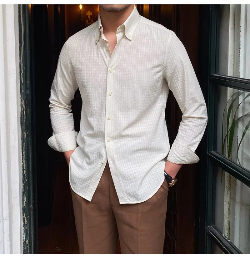 sanyamk - Men Gentlemen Seersucker Casual Long-sleeved Shirt Retro Breathable Anti Wrinkle Shirt Italian Slimming Trend Camiseta Masculina