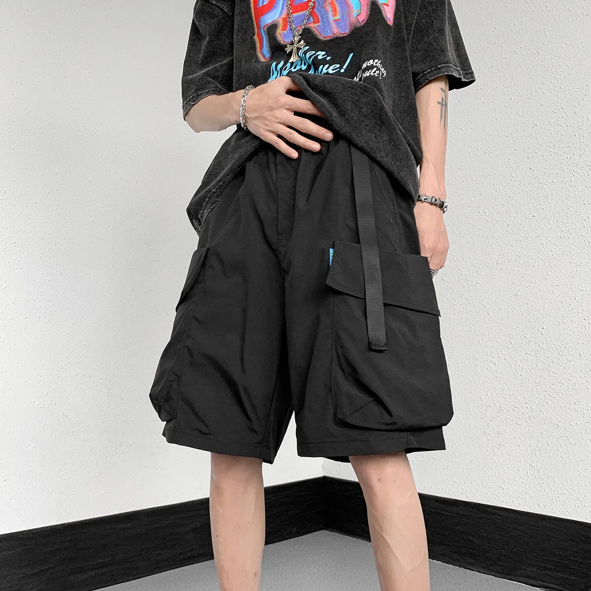 Bonsir Men Summer Cargo Shorts Buttons Loose Casual Multi-Pocket Baggy Streetwear Hip Hop Black Shorts