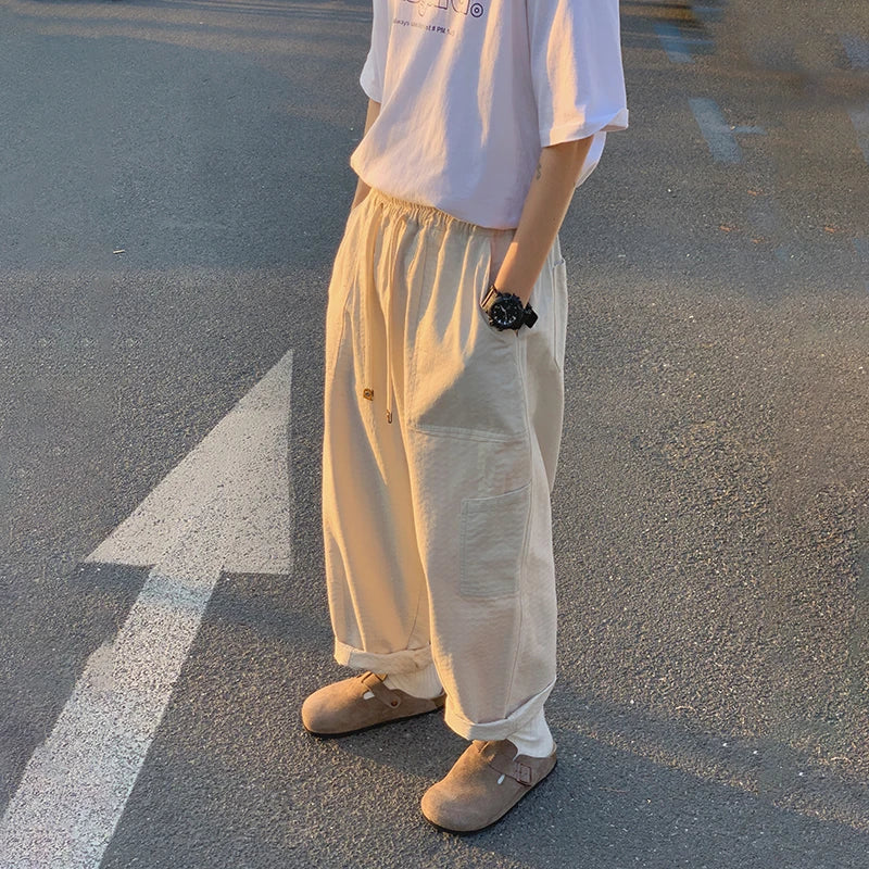 sanyamk - Casual Pants Men Oversized Loose Cargo Pants Streetwear Japanese Style Harajuku Drawstring Hombre Tooling Trousers
