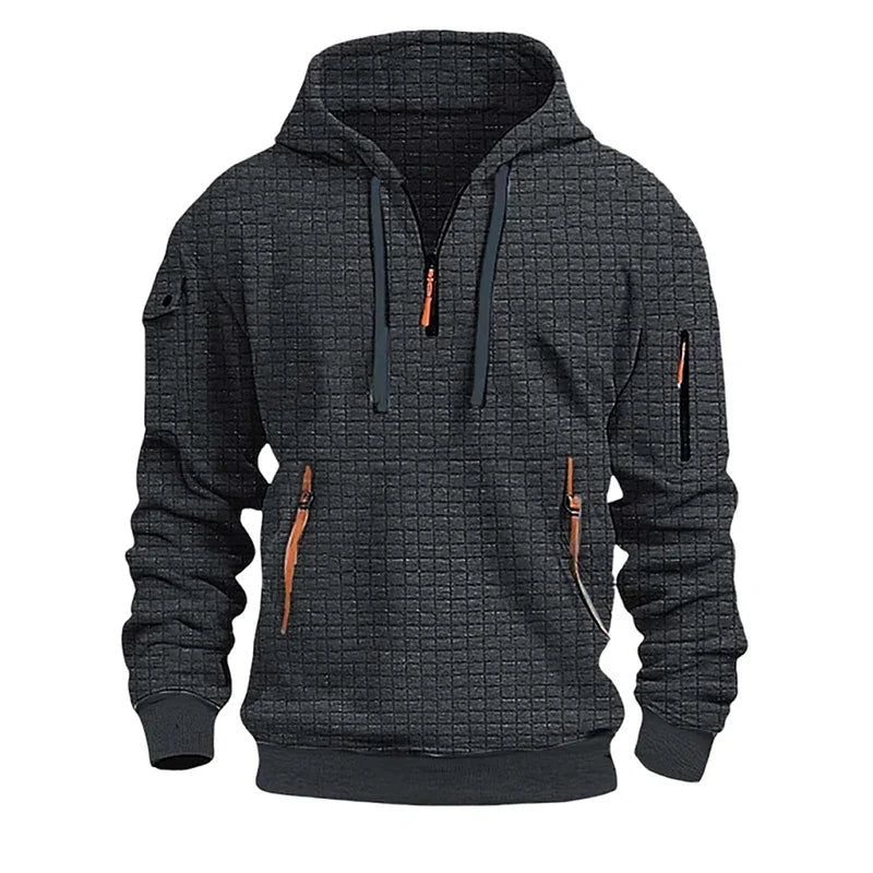 sanyamk - New Casual Mens Waffle Plaid Hoodies Spring Fall Fashion Patchwork Pockets Zipper Hooded Sweatshirts For Men Sports Hoodie Tops