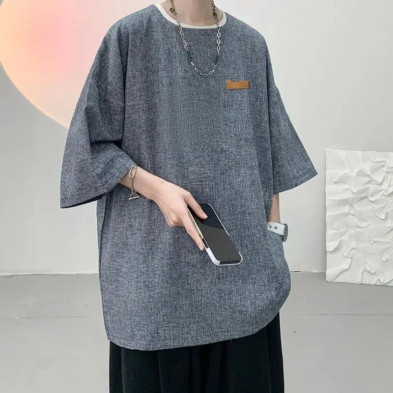 sanyamk - Men's Clothing Short Sleeve Round Neck Loose Straight Pullovers Solid Printing Handsome Simple Casual Streetwear T-Shirts