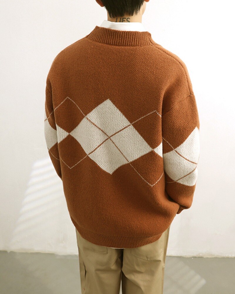 Bonsir Men's Knitted Cardigan Sweater Jacket Jacquard V-neck Women Autumn Loose Casual Button Long Sleeves Single-breasted Sweaters