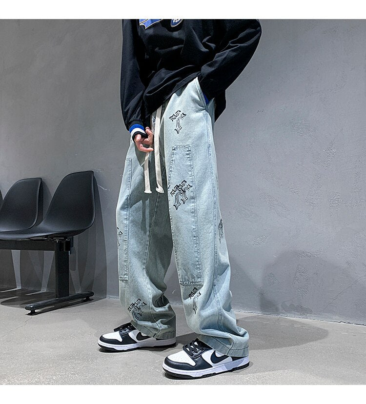 sanyamk Washed Blue Mopping Jeans Men Hiphop Casual Loose Straight Wide Leg Printed Cross Overalls Casual Denim Trousers Four Seasons