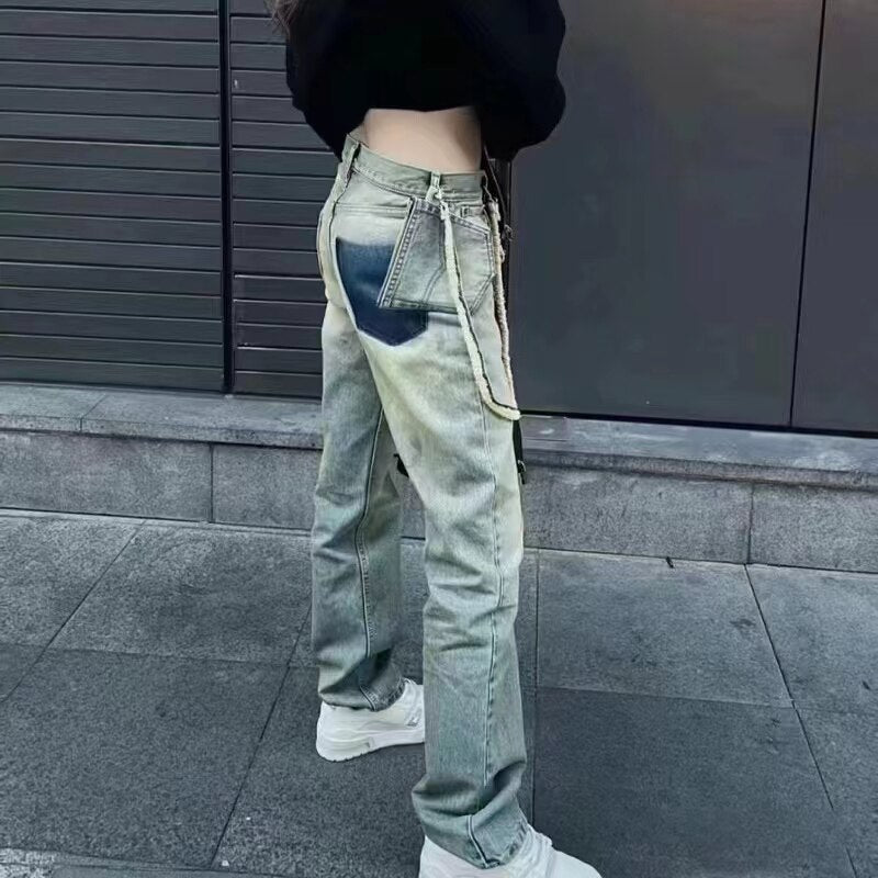 sanyamk High Street Hand Painted Distressed Washed Design Patchowrk Mens Jeans Pants Stragiht Streetwear Ripped Casual Denim Trousers