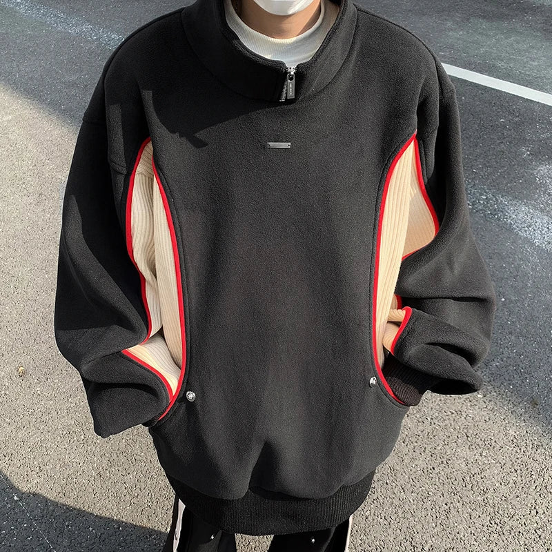 sanyamk - Men's Clothing 2024 Autumn Winter Half Turtleneck Fleece Sweatshirt Trendy Fashion Contract Color Sweatshirts Tops