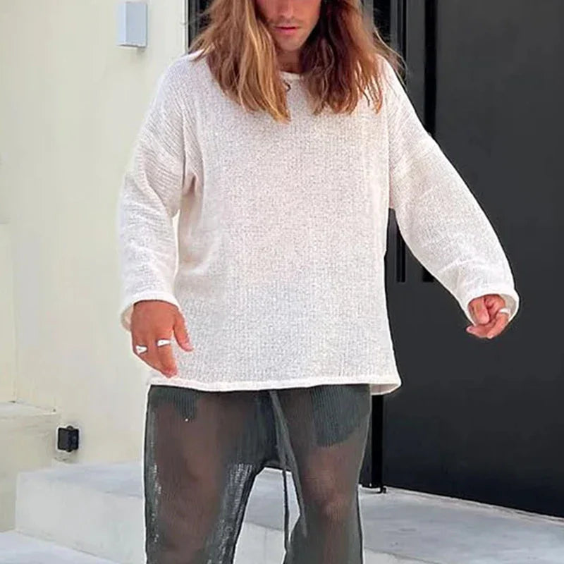 sanyamk - Sexy See Through Mesh T-shirts Men Casual O Neck Long Sleeve Hollow Out Tops Mens Vintage Solid Color Breathable Mesh T Shirt