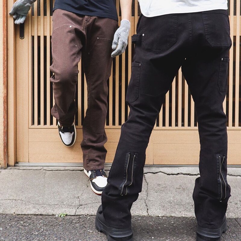 Bonsir Back Ankle Zipper Spliced Straight Flare Pants Mens High Street Washed Retro Loose Casual Jeans Hip Hop Denim Trousers