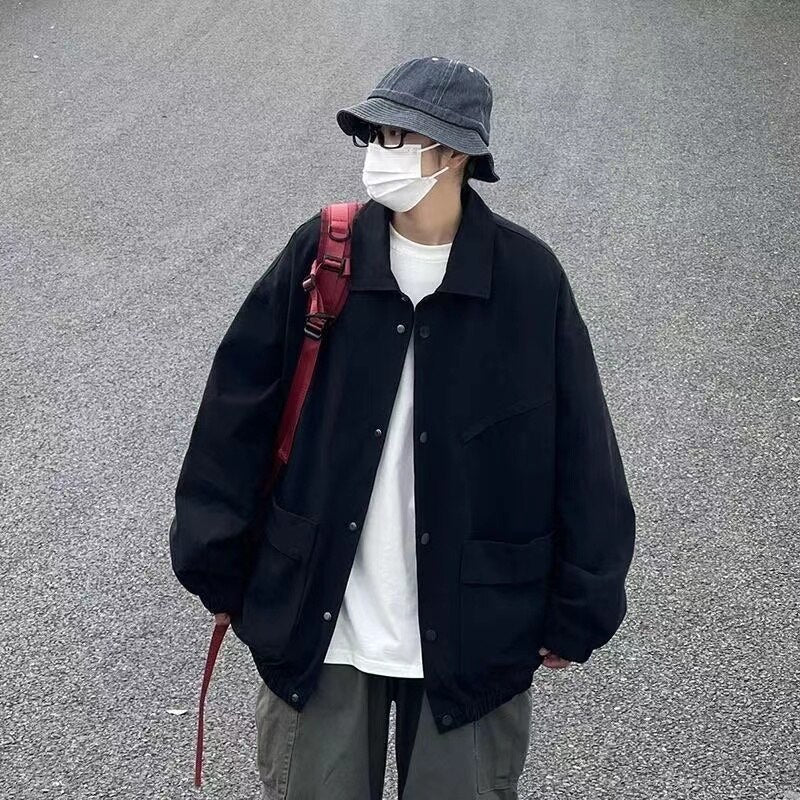 sanyamk Men's Japanese Vintage Lapel Collar Cargo Jackets Work Clothes Harajuku Loose Casual Coats Solid Color Outerwear M-2XL