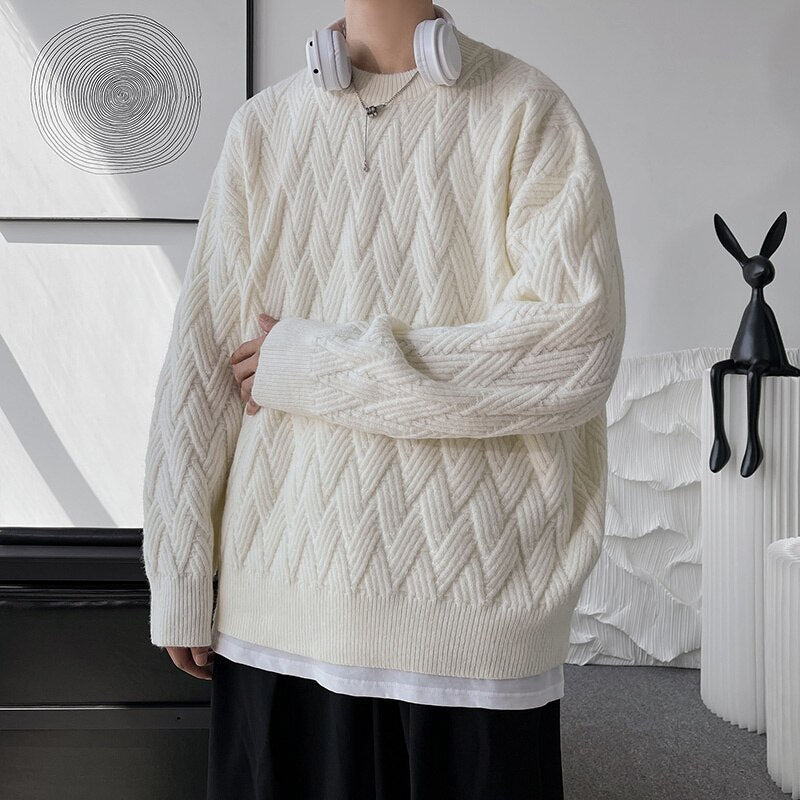 sanyamk Cable-knit Vintage Sweater Men Solid Color Loose Round Neck Male Pullovers Warm Fashion Unisex Casual Clothing