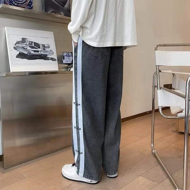 BONSIR - Men Skeleton Baggy Causal Jeans Pants Japanese Streetwear Wide Leg S Male Blue Vintage Denim Trousers