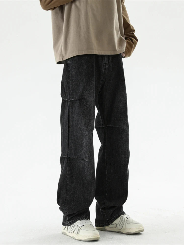 Bonsir Autumn New Wide Leg Jeans Men Belt Buckle Trousers Neutral Loose Casual Hip Hop Streetwear Washed Vintage Wrinkled Denim Pants
