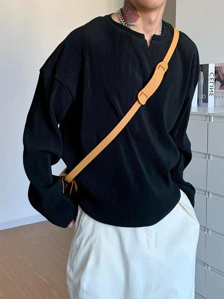 sanyamk - Pleated Design Drape V Neck T Shirt Men Stylish Pure Color Long Sleeve Loose T-shirts Fall New Casual Mens Pullovers Streetwear
