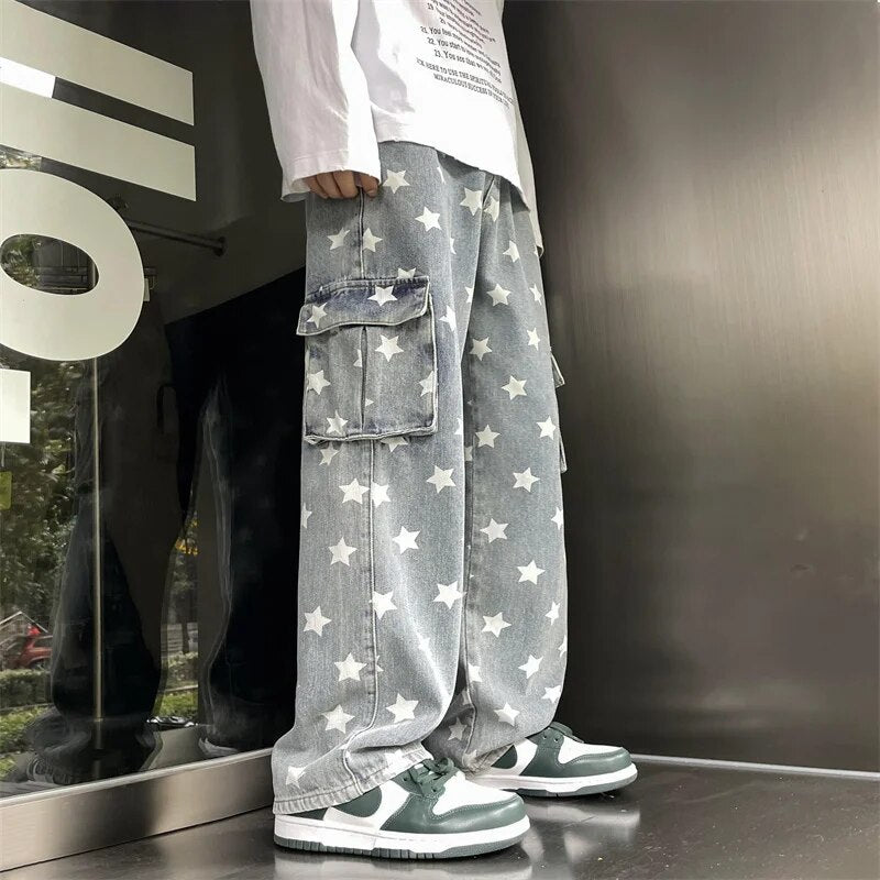 Bonsir American Washed Street Hip Hop Men's Jeans Vintage Star Big Pocket Loose Straight Black Workwear Jeans Brand Men's Pants