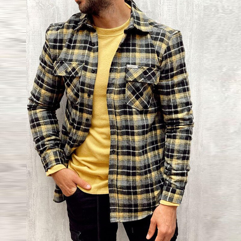 Bonsir Casual Long Sleeve Mens Jackets Button-up Turn-down Collar Cardigans Tops Autumn Men Fashion Plaid Printed Coats Outerwear