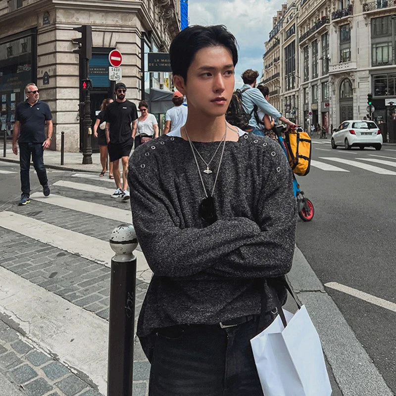 sanyamk - Niche Design Men's T-shirts Round Collar Casual Metal Button Tees Long Sleeve Loose Solid Color Male Top New Fashion 9C7904