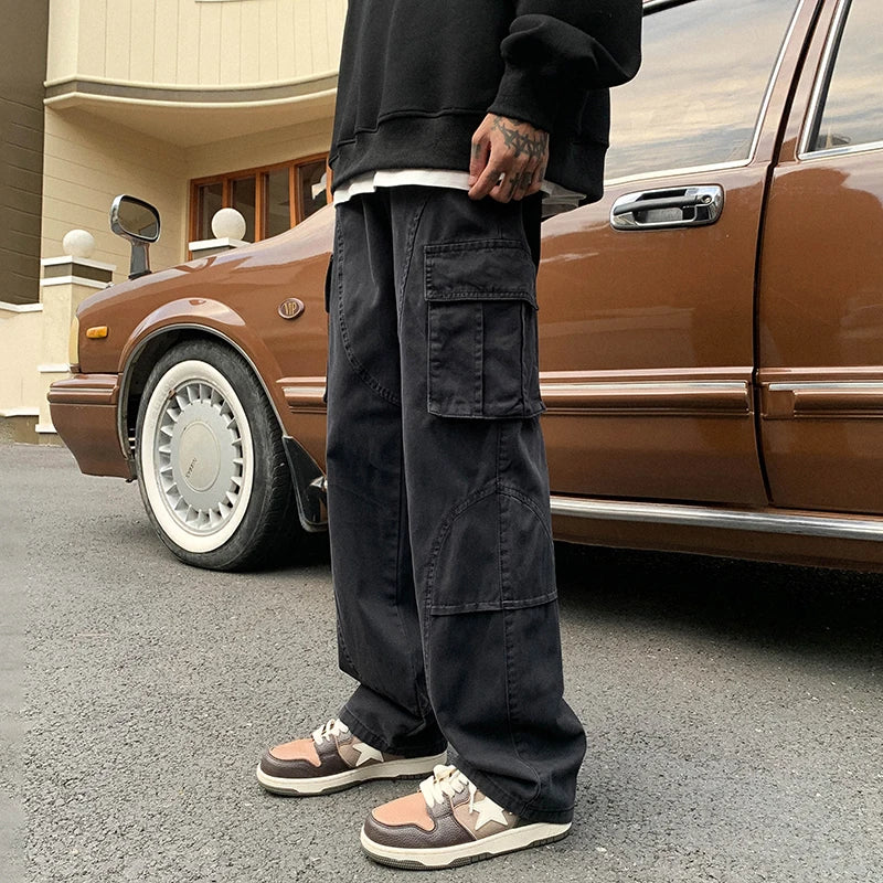 sanyamk Wide Leg Jeans Men Safari Style Washed Vintage Japanese High Street Retro Spring Autumn All-match Full Length Chic