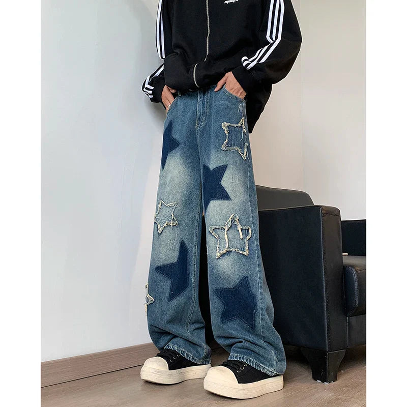 sanyamk Star Embroidery Patchwork Jeans Men Straight Casual Autumn New Wide Leg Hip-hop Fashion Youth Neutral Streetwear Denim Trousers