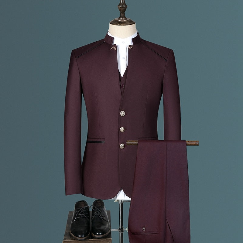 sanyamk Stand Collar Men Blazer Pants Vest Business Men's Wedding Suit Jacket Coat Trousers Waistcoat High Quality Slim Vest Dress Set