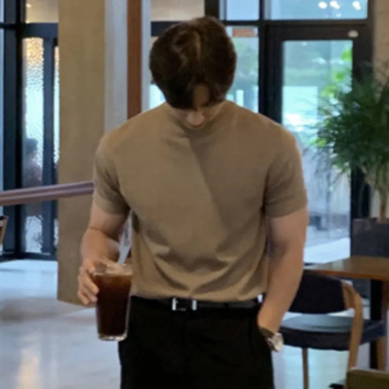 sanyamk - Business Casual Men's T-shirts Knitting Mock Neck Short Sleeve Loose Male Tops Solid Color Minimalist New Summer 9C6418
