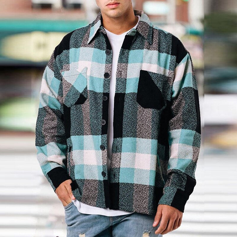 Bonsir Casual Long Sleeve Mens Jackets Button-up Turn-down Collar Cardigans Tops Autumn Men Fashion Plaid Printed Coats Outerwear