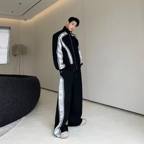 sanyamk Color Contrast Design Sweatshirt Men's Casual Splicing Korean Straight Pants Two-piece Sets Street High Fashion