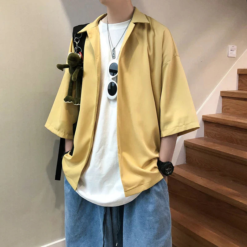 Bonsir Simple Solid Shirts Men Clothing Korean Loose Shirt Streetwear Chemise Homme Summer Half Sleeve Shirt Flat Collar Casual Tops