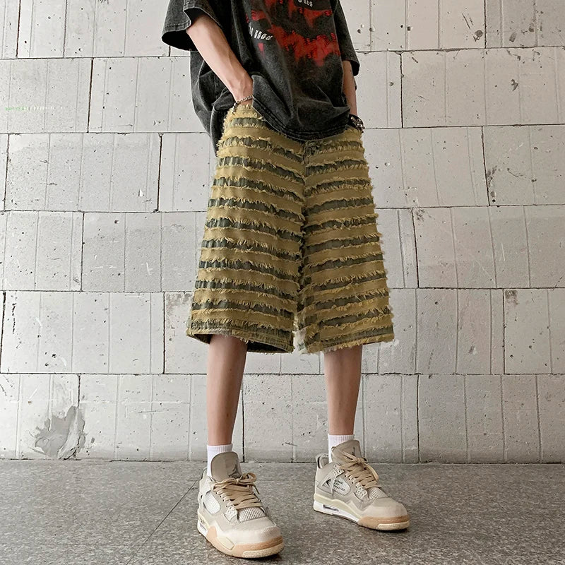 Bonsir New Men's Casual Shorts Rough Edge Contrast Striped Vintage Washed Shorts Streetwear Clothing Man