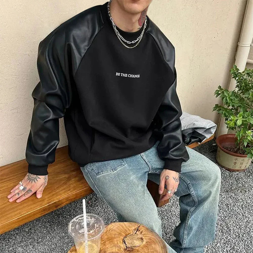 sanyamk Mens Y2k Contrast Pu Leather Raglan Sleeves Sweatshirt Autumn And Winter Genderless Casual Loose Splicing Sweatshirt Unisex