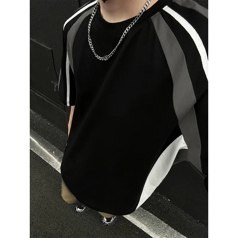 Bonsir Summer Cotton Short Sleeved T-shirt Men Oversized Casual Striped T Shirt Men Streetwear Korean Loose Round Neck T Shirt Mens Top