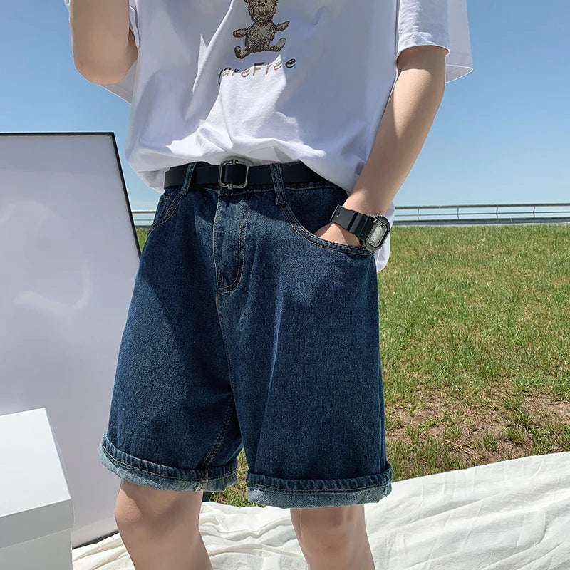 sanyamk Summer Denim Shorts Men Fashion Retro Blue Denim Shorts Men Streetwear Korean Loose Straight Jeans Shorts Mens Five Part Pants