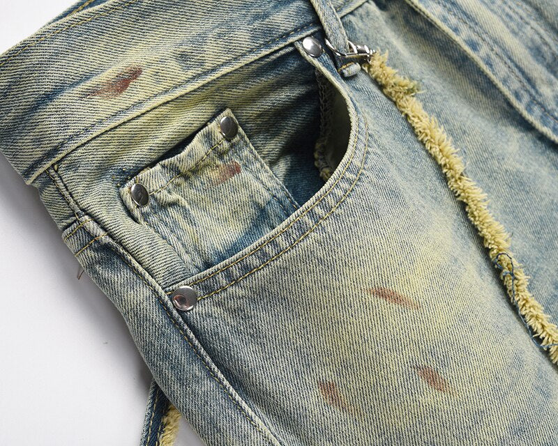 sanyamk High Street Hand Painted Distressed Washed Design Patchowrk Mens Jeans Pants Stragiht Streetwear Ripped Casual Denim Trousers