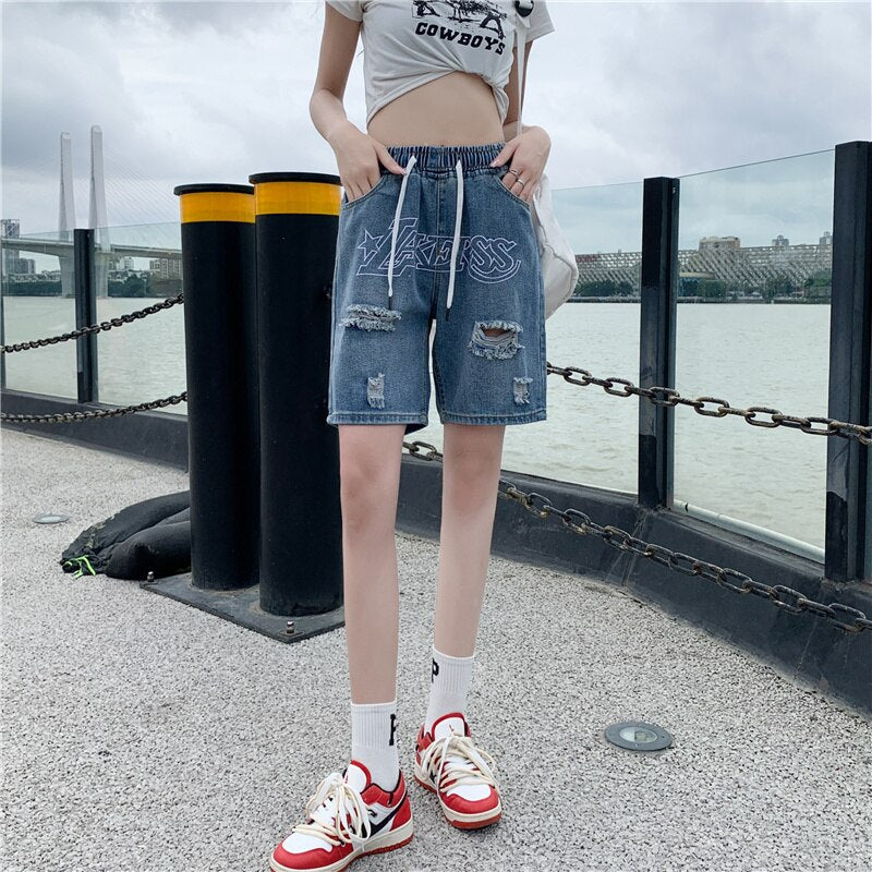 Bonsir Men's Denim Shorts Letter Embroidery Ripped Hole Short Jeans Women Wide Leg Shorts Hip Hop Drawstring Vintage Denim Pants Summer