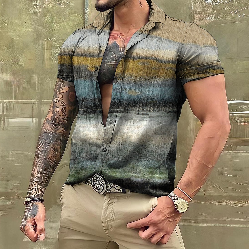 Bonsir Vintage For Men Shirts Patchwork 3d Print Camisas Lapel Oversized Short Sleeve Tops Streetwear Summer Male Hawaiian Shirt Tees