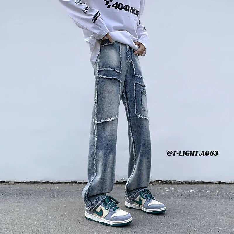 sanyamk American style raw edge multi-pocket street jeans trendy brand ruffian handsome fried street men's retro splicing tooling jeans