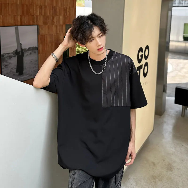 sanyamk - Summer Men's Oversized Short Sleeve Tee Patchwork Striped Black White Loose t-shirts for men