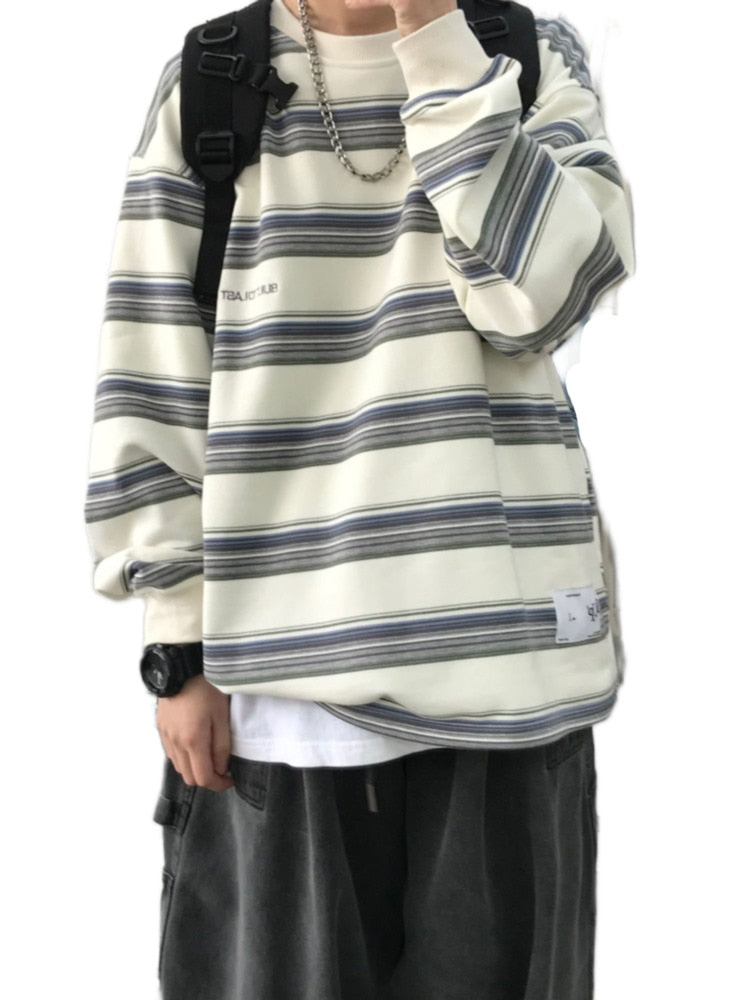 Bonsir Japanese Casual Harajuku Striped Long Sleeve T-Shirt Men's Loose Plus Size Simple All-match Clothes Hip Hop Couple Streetwear