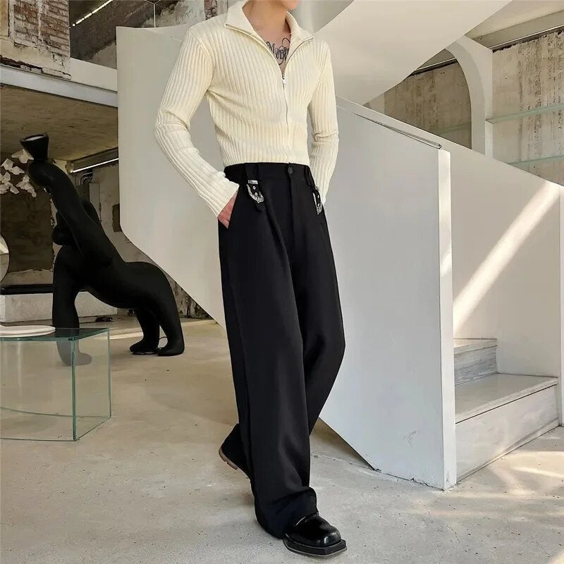 sanyamk Men Metal Button Loose Casual Wide Leg Suit Pants Net Celebrity Male Straight Fashion Vintage Floor Trouser Stage Clothing