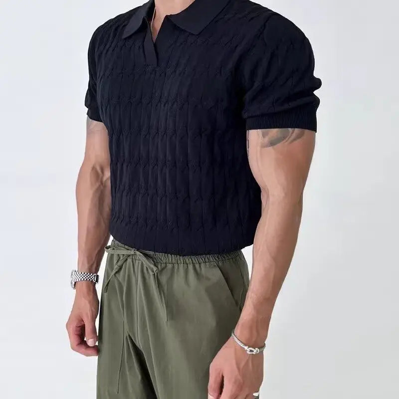 sanyamk - High-end Korean Knitted Polo Shirt Men Short Sleeve Trendy T-shirts for Men Summer Japanese Slim Fit Lapel Golf Wear 2024 Top