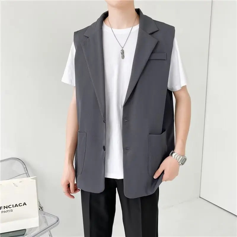 sanyamk Grey Black Suit Vest Men Fashion Social Mens Dress Vest Korean Loose Sleeveless Blazer Mens Jacket Office Formal Vest M-2XL