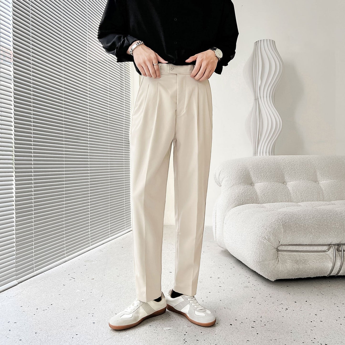 sanyamk Men's Fashion Trend Casual Pants Men Slim Fit Social Business Suit Pants Loose Formal Beige/black Color Trousers S-XL
